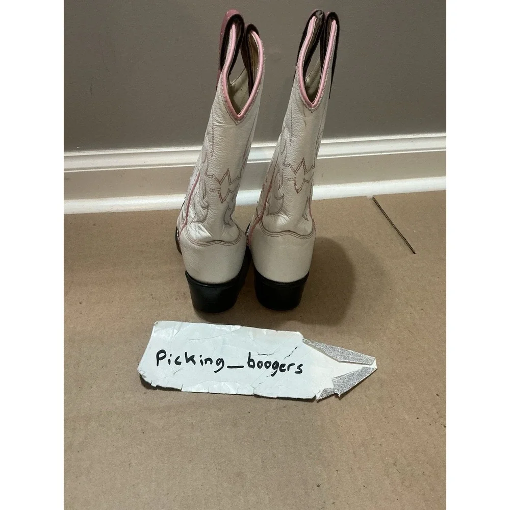 Old West Girls White And Pink All Leather Cowboy Boots 11.5